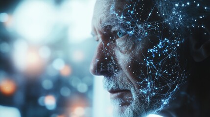 Close-up of an elderly man with a glowing digital neural network overlaying his face, symbolizing AI, technology, and futuristic intelligence.
