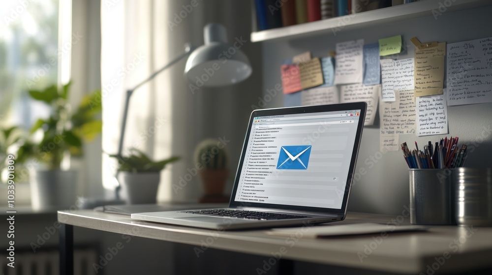 Poster view of a laptop screen displaying a new email alert notification,