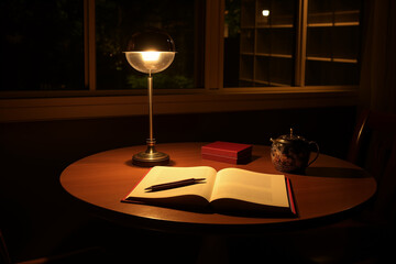 A sleek, modern study table featuring a stylish lamp and an open book, illuminated by warm light, on a clean white background, emphasizing simplicity and functionality