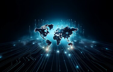A glowing blue world map with connected lines on a dark blue background.