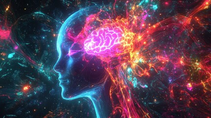 Obraz premium Simulation of memories and emotions via brain-computer interface, futuristic memory manipulation technology, glowing neural patterns