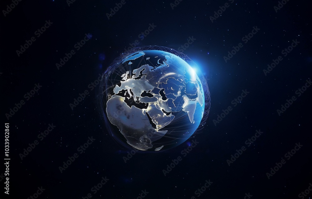 Poster a glowing, digital rendering of the earth with a network of lines and points.