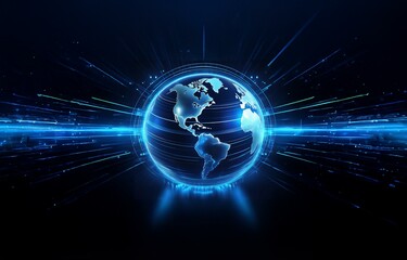 Obraz premium A glowing blue globe surrounded by digital lines and beams of light against a dark background.
