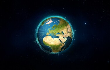 Obraz premium A realistic depiction of Earth as seen from space, with a focus on Europe and the Middle East. The globe is surrounded by a glowing blue ring, with thin light lines extending outwards, resembling a we