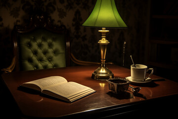 A sleek, modern study table featuring a stylish lamp and an open book, illuminated by warm light, on a clean white background, emphasizing simplicity and functionality