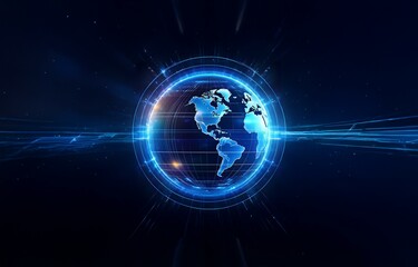 Obraz premium A glowing blue globe with a grid pattern surrounded by bright streaks of light against a dark blue background.