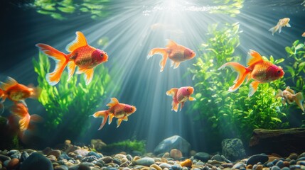 view of a thriving aquarium highlighting several red goldfish gliding through the water,