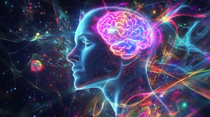 Profile of a digital human with a glowing, colorful brain and swirling neural patterns, symbolizing creativity, AI, and futuristic intelligence.
