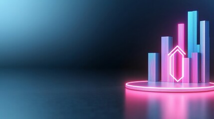 Holographic financial graphs, neon glow, futuristic city skyline, dark background, data visualization