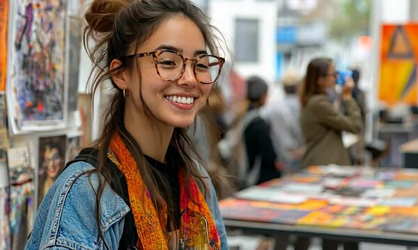 A smiling young woman at an art fair, surrounded by colorful artworks.