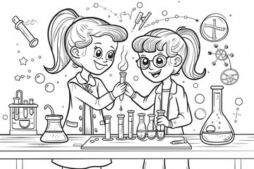 Two young girls, one with straight hair and one with curly hair, joyfully conducting a colorful science experiment in a lab setting.