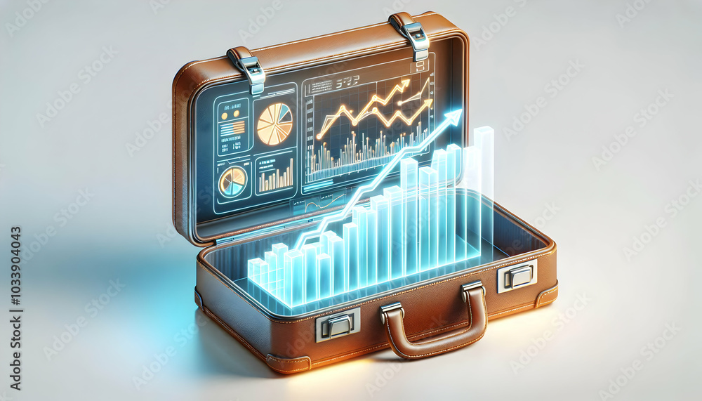 Poster 3d icon of leather briefcase with holographic profit projection displaying rising charts and graphs 