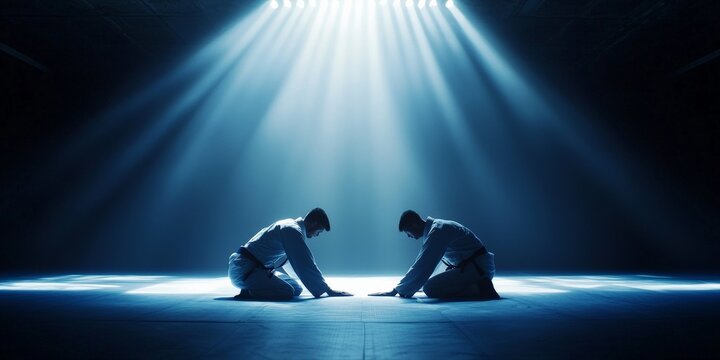 Brazilian jiu-jitsu fighters in a dimly lit dojo, their white and blue gis glowing in the sparse light as they grapple on the mat, the scene intense yet calm - Powered by Adobe