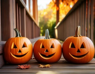 Obraz premium Close-up of Halloween pumpkins lined up on a wooden porch