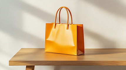 A vibrant orange shopping bag stands upright on a sleek wooden table, set against a plain white backdrop, with bright studio lights illuminating the scene and enhancing the bag's bold color