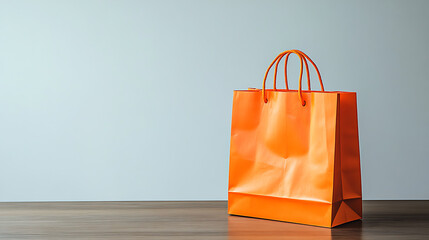 A vibrant orange shopping bag stands upright on a sleek wooden table, set against a plain white backdrop, with bright studio lights illuminating the scene and enhancing the bag's bold color
