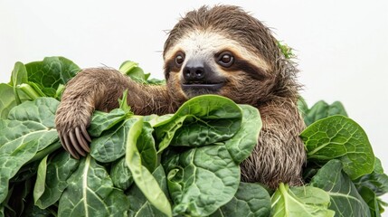 Adorable sloth clinging to a branch and resting peacefully amidst lush green foliage in a tranquil tropical forest environment