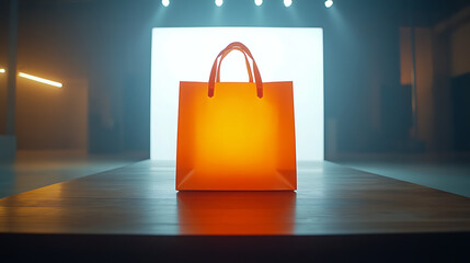 A vibrant orange shopping bag stands upright on a sleek wooden table, set against a plain white backdrop, with bright studio lights illuminating the scene and enhancing the bag's bold color