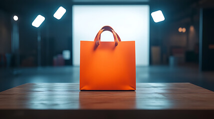 A vibrant orange shopping bag stands upright on a sleek wooden table, set against a plain white backdrop, with bright studio lights illuminating the scene and enhancing the bag's bold color