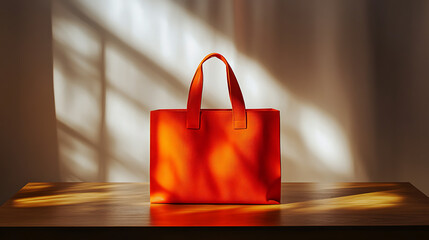 A vibrant orange shopping bag stands upright on a sleek wooden table, set against a plain white backdrop, with bright studio lights illuminating the scene and enhancing the bag's bold color