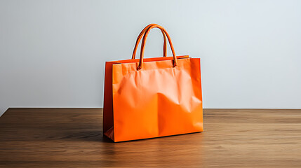 A vibrant orange shopping bag stands upright on a sleek wooden table, set against a plain white backdrop, with bright studio lights illuminating the scene and enhancing the bag's bold color