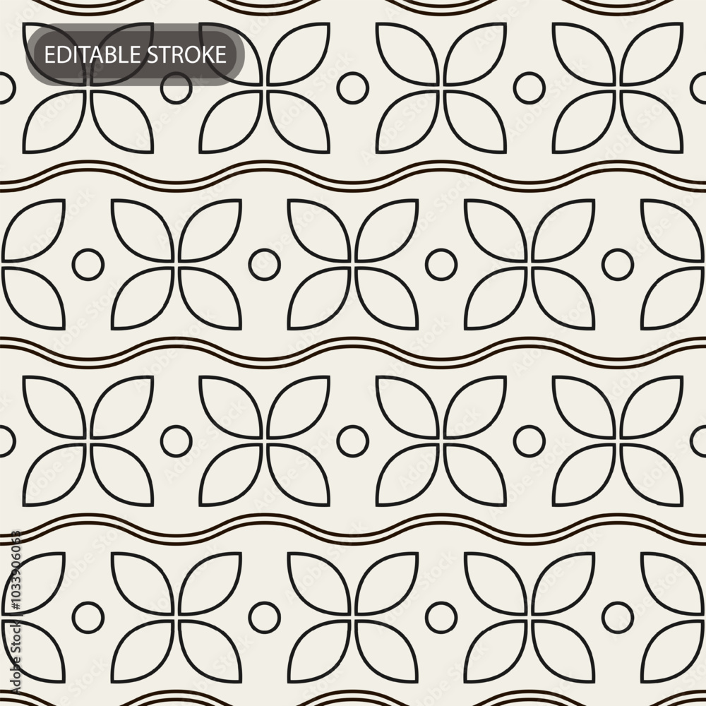Aufkleber seamless pattern with editable stroke. geometric grid with 4 petal flowers, wavy lines. background t