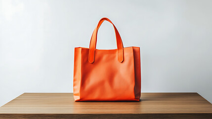 A vibrant orange shopping bag stands upright on a sleek wooden table, set against a plain white backdrop, with bright studio lights illuminating the scene and enhancing the bag's bold color