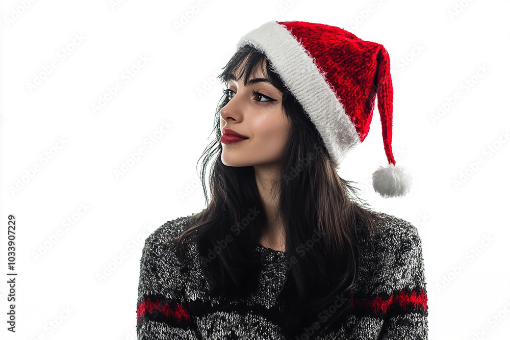 Wall mural beautiful girl in christmas outfit on white background