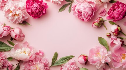 aesthetic valentine's day mockup featuring a wreath of pink peonies surrounding a blank paper sheet on a soft pink background, perfect for personalized messages