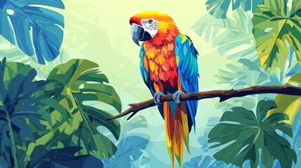 Parrot perched on a branch, with minimalistic colorful feathers and a flat tropical background. Vector illustration.
