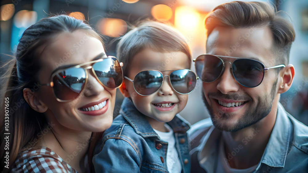 Poster close up of smiling family reflection in sunglasses on beach - macro shot of togetherness and fun co