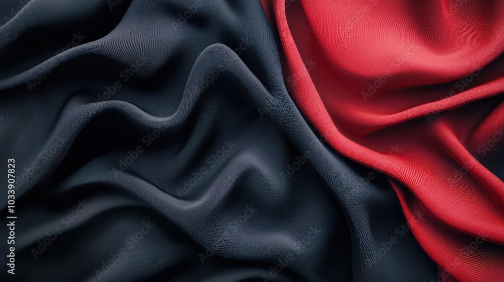 Poster an abstract background featuring 3d wave patterns in black and red gradient silk fabric, creating a 