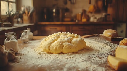Brioche dough being kneaded by hand on a flour-dusted countertop, the rich, buttery dough shining in the warm light of a rustic French kitchen. Baking tools and ingredients are scattered around,