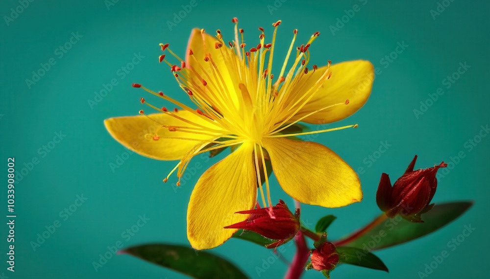 Poster close-up macro photography of a bright yellow flower with red stamens and green sepals set against a