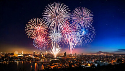 fireworks night sky with a city in the background
