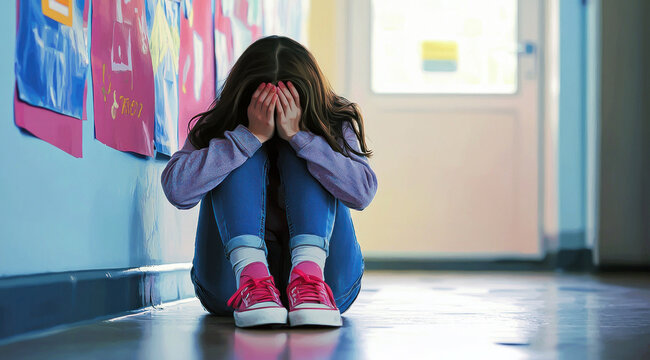 Une jeune fille est assise par terre dans un couloir d'&eacute;cole vide, la t&ecirc;te baiss&eacute;e et les mains sur le visage repr&eacute;sentant un moment de douleur &eacute;motionnelle intense, concept de harc&egrave;lement scolaire.