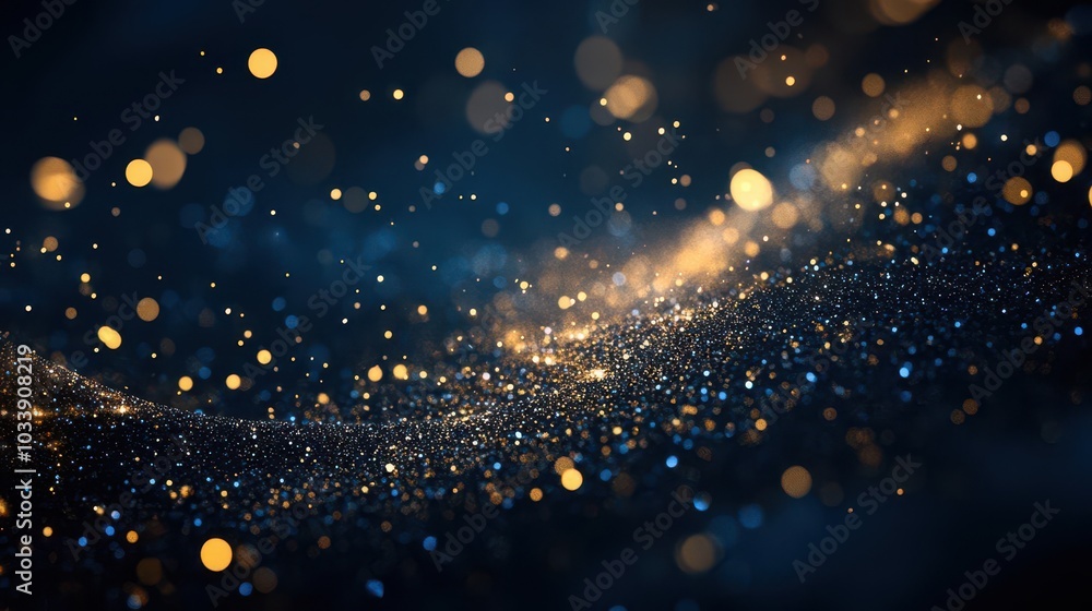 Poster an abstract dark blue background interspersed with shimmering gold particles, creating a luxurious a