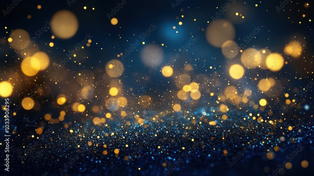 Poster an abstract dark blue background interspersed with shimmering gold particles, creating a luxurious a
