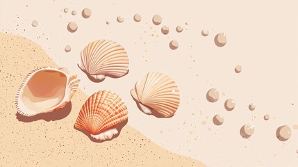 Seashells in the sand, drawn with basic shapes and placed on a flat background. Tropical banner.