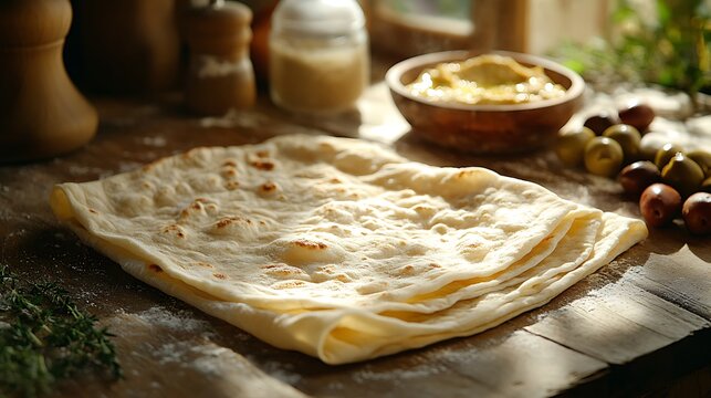 Freshly baked lavash bread resting on a wooden table, its soft, thin texture gently folded, with flour dust scattered around. The bread is surrounded by Middle Eastern ingredients like hummus, olives,