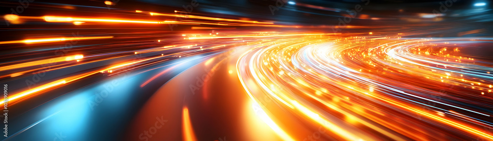 Poster glossy light trails streaking across white background with copy space - motion blur symbolizing inno