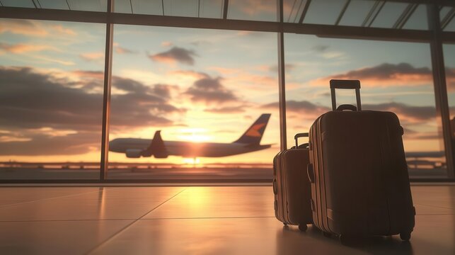 an airport scene captures the essence of travel, featuring luggage and suitcases with an airplane in the background, representing the excitement and anticipation of departure in tourism