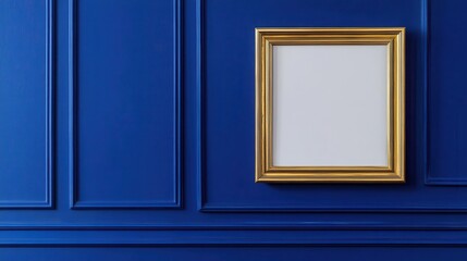 an antique gallery frame hangs on a royal blue wall, waiting to showcase art. the blank space invites creativity and imagination, emphasizing elegance and sophistication