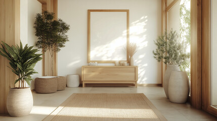 A cozy hallway with soft light from the windows, warm wooden furniture, and simple decor