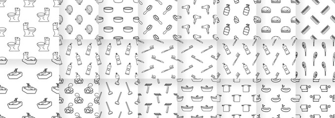 Collection of Bathroom items cartoon doodle seamless pattern, Vector.