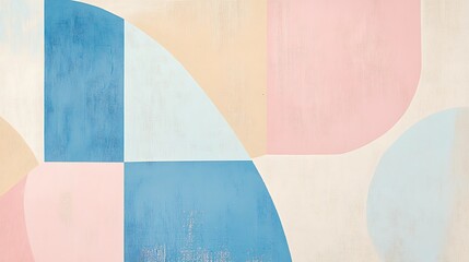 Pastel blue and pink shapes arranged in a clean abstract design with a soft beige canvas and subtle...