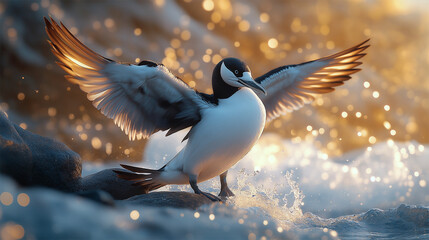 Great auk, extinct flightless seabird standing on rocky coast, wings spread in sunset
