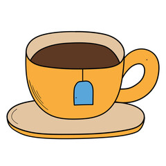 Hand drawn cartoon cup of tea with a tea bag on a saucer on a white background.