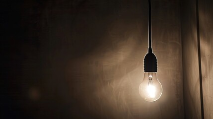 Dark empty room with single flickering light bulb casting long shadows, emphasizing absence of power and eerie atmosphere, minimalist setting with focus on light bulb's glow.