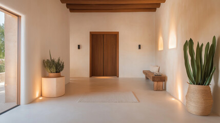 Fototapeta premium Warm and inviting hallway with soft lighting, cozy textured walls, and simple decor